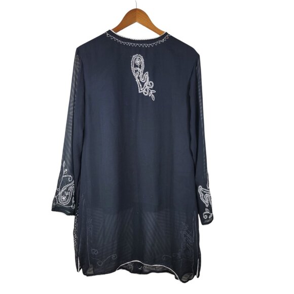 Anthony Tunic Top Plus 1X Lightweight Button Up Black Semi-sheer Embroidered - Picture 6 of 7